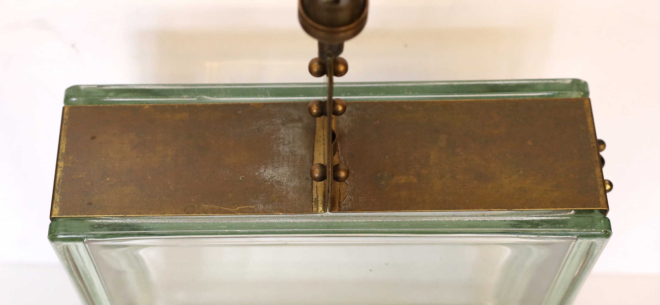 A German bronze mounted square glass ice block table lamp, height 45cm. width 30cm